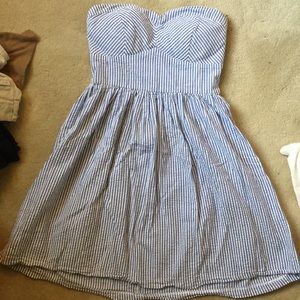 Blue and white strapless dress
